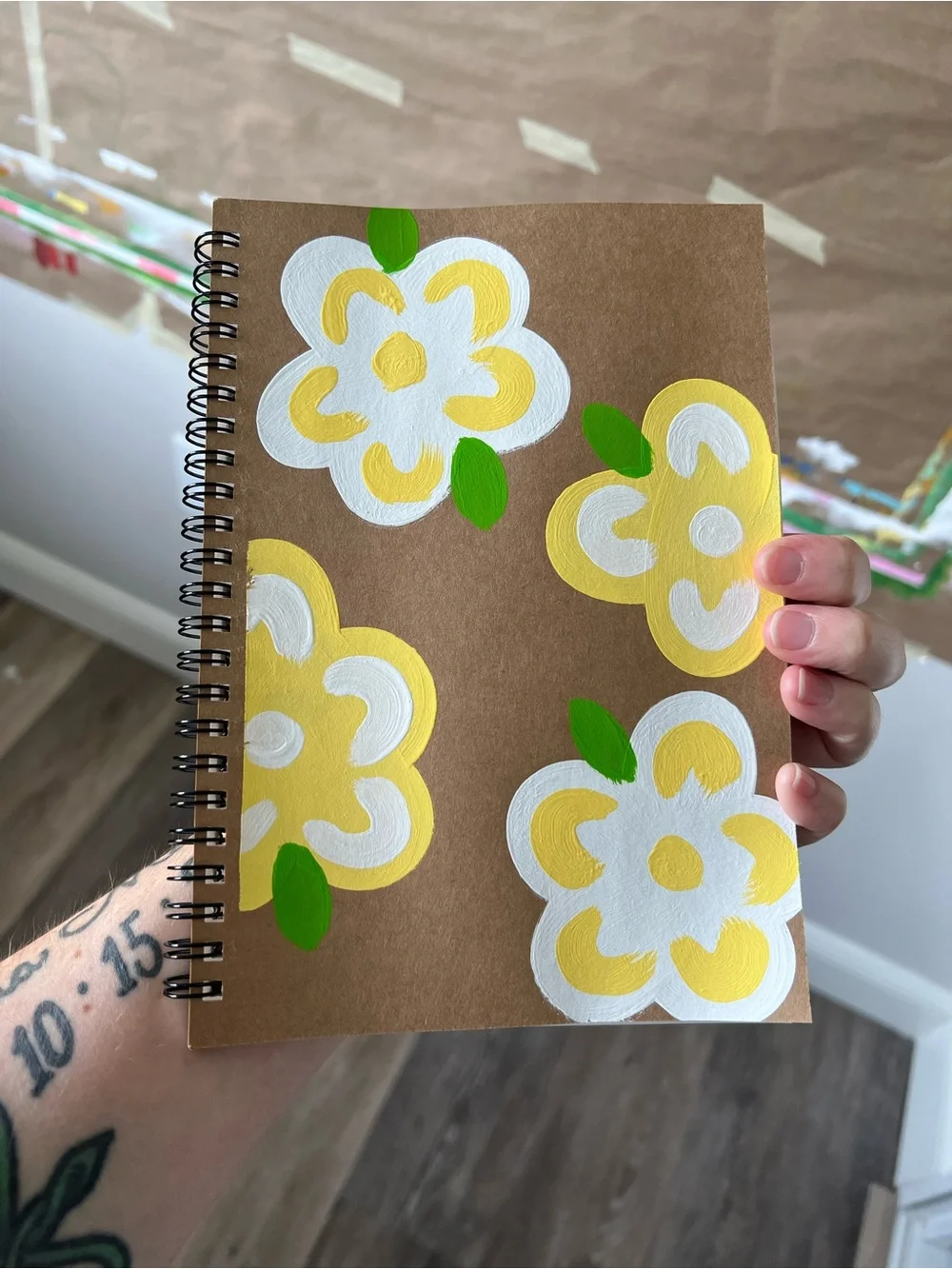 Hand-Painted Floral Spiral Notebook - Yellow & White